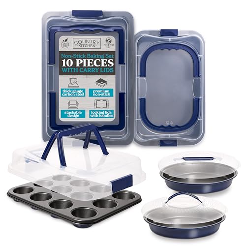 Country Kitchen Baking Pans Set - 10 Piece Non-Stick Cake Pans with Carry Lids for Easy Storage & Travel, Perfect for Parties - Stackable, Navy