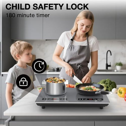 VBGK Double Induction Cooktop, 24 inch 4000W Electric cooktop with hot plate, induction stove top with LED Touch Screen 9 Levels Settings with Child Safety Lock & Timer 110V Induction cooktop 2 burner