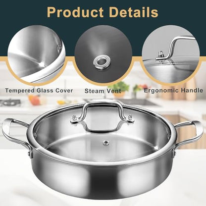 Yeksum 8-Quart Saute Pan with Lid | 13-Inch 3-Ply 18/10 Stainless Steel Deep Fry Pan & Large Skillet, Healthy Non-Toxic Cookware, Oven & Dishwasher Safe