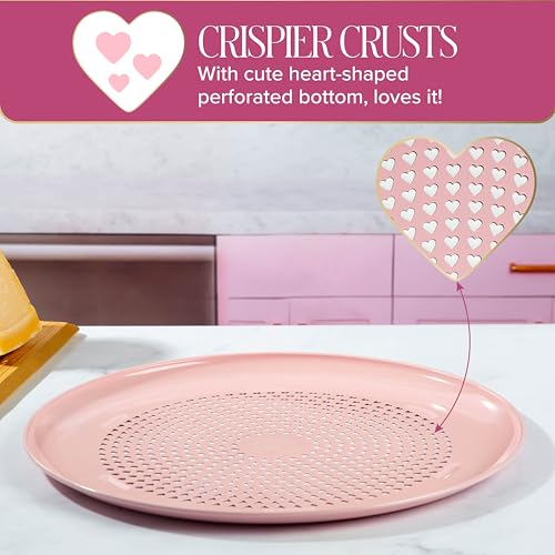 Paris Hilton Pizza Crisper with Heart Cut Outs, Heavy Duty Carbon Steel Baking Pan features Premium Nonstick Coating Made Without PFAS & PFOA, 15.75-Inch, Pink