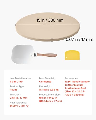 VEVOR Pizza Stone, 15 in Round Pizza Stone, 0.67 in Large Cordierite Baking-Stone with Metal Peel, Scrape, 1450℉ Heat-Resistant Cooking Stones, for Kitchen Oven, Baking Pizzas, BBQ Grill