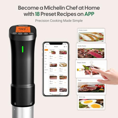 InkSous WIFI 2.4G Sous Vide Cooker 1000W Immersion Circulator with APP 18 Recipes,Alarm,Calibration & Timer, 3D Water Fast Heating Ultra-Quiet Sous Vide Machine ISSV-200-W