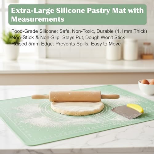 Silicone Baking Mat, 28" x 20", Extra Thick Non Slip Pastry Mat with Measurements, Food Grade Dough Rolling Mat with Raised Edge and Scraper for Bread Pizza