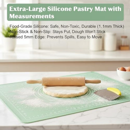 Silicone Baking Mat, 28" x 20", Extra Thick Non Slip Pastry Mat with Measurements, Food Grade Dough Rolling Mat with Raised Edge and Scraper for Bread Pizza