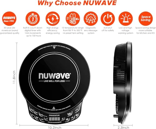 Nuwave Precision Induction Cooktop, 10.25” Shatter-Proof Ceramic Glass, 6.5” Heating Coil, 81 Temps from 100°F to 500°F, 3 Wattage Settings 600, 900 & 1400 Watts