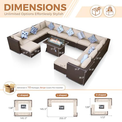 BULEXYARD 15 Piece Large Patio Furniture Set with Fire Pit, Brown & Beige