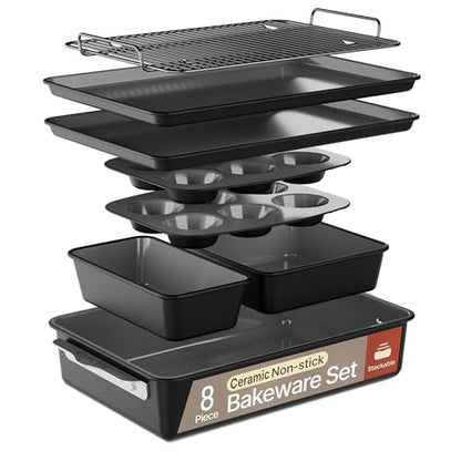 Bakken 8-Piece Ceramic Coated Bakeware Sets, Nonstick Aluminized Steel Pans with Muffin, Loaf, Cake, Roasting Pan, & Cooling Rack, Oven Safe Up To 500°F, Dishwasher Safe, BPA, PTFE & PFAS Free, Black