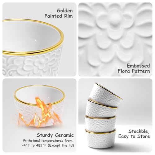 6 Sets Ramekins Oven Safe with Lids, 8 OZ Creme Brulee Ramekins Embossed Flora White Ceramic Ramekin Baking Dish for Souffle Custard Dips Soup Small Bowls for Dessert Appetizers Meal Prep Thanksgiving Christmas Gift