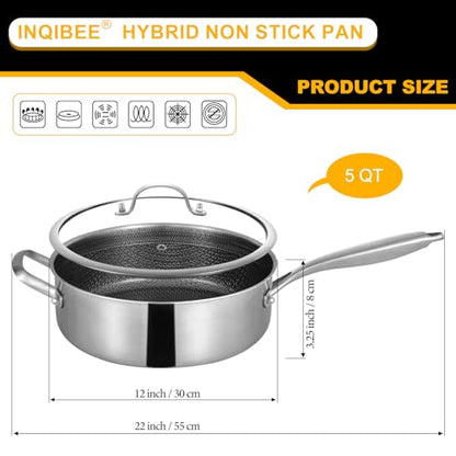 Inqibee 5 QT Hybrid Nonstick Saute Pan with Lid, Long Handle Tri-Ply Stainless Steel Skillet, 12 Inch Deep Frying Pan, PFOA & PFOS Free, Induction Compatible, All Cooktops, Oven & Dishwasher Safe