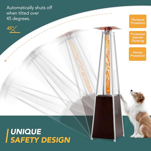 Pamapic Patio Heater, 48,000 BTU Pyramid Flame Outdoor Heater with Cover, Quartz Glass Tube, 87" Hammered Bronze Tower Propane Outdoor Heater with Wheels
