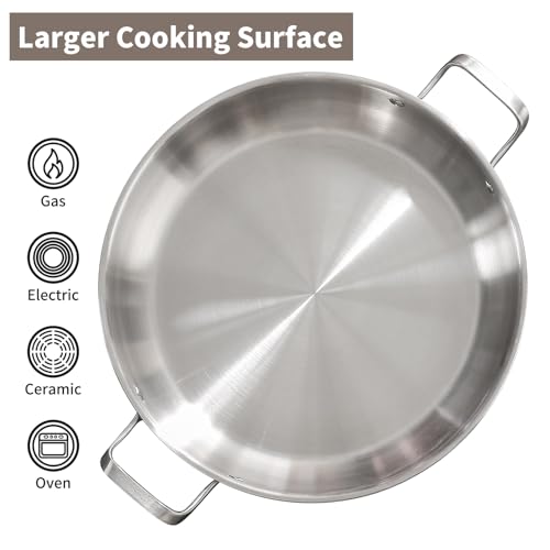 DELARLO 14 inch Paella Pan With Lid Tri-Ply Large Frying Pan Stainless Steel,Induction Skillets,Fast Heating Cookware,Indoors Outdoors,paelleras para 12 personas Jumbo Cooker