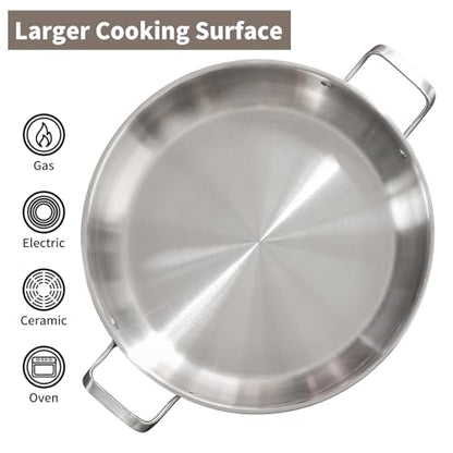DELARLO 14 inch Paella Pan With Lid Tri-Ply Large Frying Pan Stainless Steel,Induction Skillets,Fast Heating Cookware,Indoors Outdoors,paelleras para 12 personas Jumbo Cooker