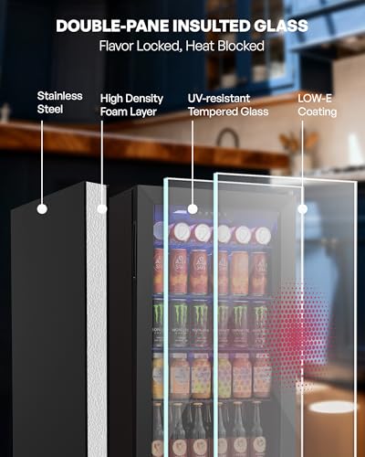 Icyglee Beverage Refrigerator Cooler, 126 Can Mini Fridge with Glass Door for Wine, Soda Beer, Beverage Cooler for Home, Bar, Office with Adjustable Removable Shelves, Black