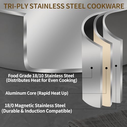 DELARLO Tri-Ply Stainless Steel 8 Quart Braiser Pan with Lid Induction Rondeau Pot With Lid 13inch Deep Frying Pan Large Saute Pan Heavy Duty Style Compatible With All Cooktops Up to 650℉