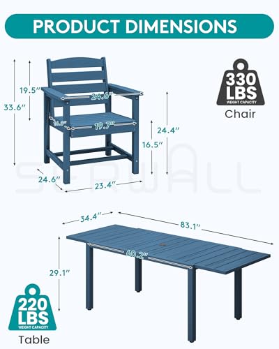 SERWALL 7-Piece Patio Dining Sets, 60" - 83" Expandable Outdoor Dining Table and 6 HDPE Chairs, All Weather HDPE Outdoor Furniture Set for Backyard, Garden, Blue
