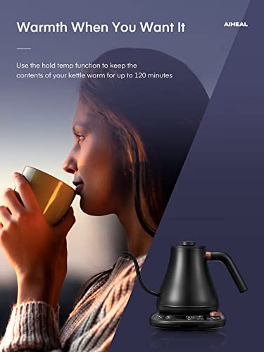 Electric Gooseneck Kettle Temperature Control, Pour Over Electric Kettle for Coffee and Tea, 100% Stainless Steel Inner, 1200W Rapid Heating, 0.8L, Built-in Stopwatch, Matte Black