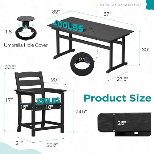 nalone 7-Piece Patio Dining Table Set, HDPE Outdoor Dining Sets with Table and 6 Chairs, Dining Furniture Set with Umbrella Hole (Black, 7 Pcs)