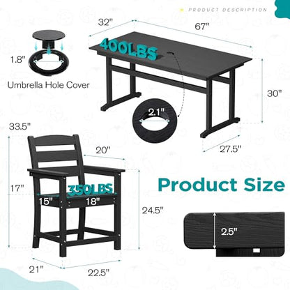 nalone 7-Piece Patio Dining Table Set, HDPE Outdoor Dining Sets with Table and 6 Chairs, Dining Furniture Set with Umbrella Hole (Black, 7 Pcs)