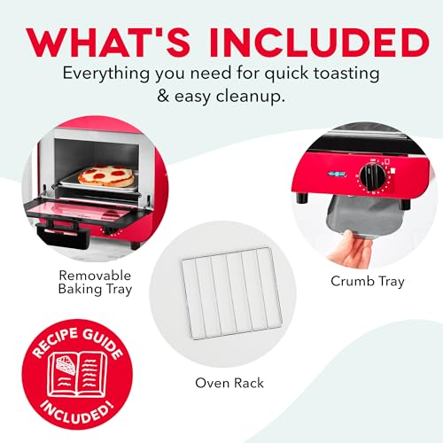 Dash Mini Toaster Oven | Small Toaster Oven for Dorms, Apartments, & Small Kitchens, Adjustable Timer Dial with Auto Shutoff, Removable Cooking Tray & Crumb Catch, Red