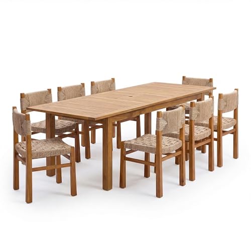 Christopher Knight Home 9 Piece Outdoor Dining Set Acacia Wood Expandable Table and 8 Light Brown Wicker Chairs Teak Finish Frame Patio Dining Furniture Set for Garden Backyard Porch Deck