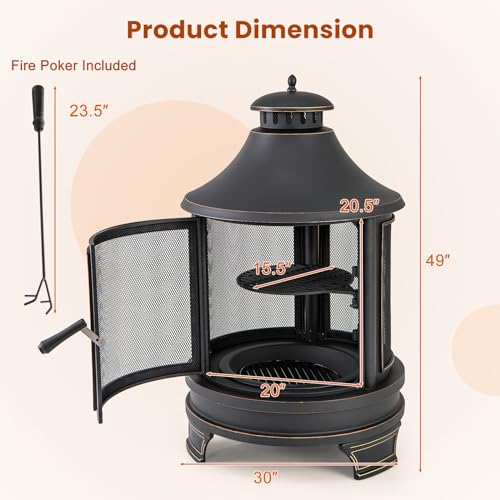 Giantex 2 in 1 Outdoor Fire Pit with Grill, 30 Inch Metal Chiminea, Wood Burning Fireplace with Chimney, Spark Screen Door & Fire Poker, Patio Firepit for Garden, Backyard, BBQ