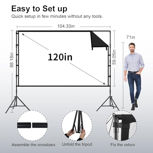 Outdoor Projector Screen with Stand, TOWOND 120 inch Portable Projector Screen Black Backing, Indoor Projection Screen 16:9 4K HD Wrinkle-Free Movie Screen with Carry Bag for Backyard Movie Night