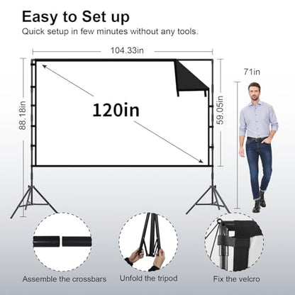 Outdoor Projector Screen with Stand, TOWOND 120 inch Portable Projector Screen Black Backing, Indoor Projection Screen 16:9 4K HD Wrinkle-Free Movie Screen with Carry Bag for Backyard Movie Night