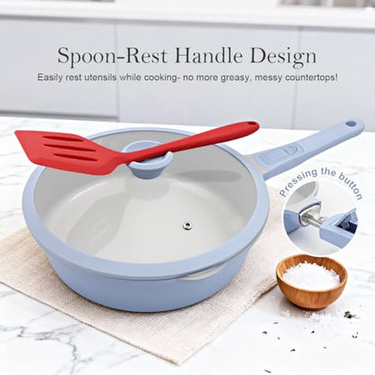 AIKENBBKK 10 Inch Non Stick Ceramic Frying Pans with Lid, 4 QT Nonstick Deep Frying Pan Skillet, Saute Pan with Detachable Handle, Compatible with All Stoves, Oven Safe, PTFE & PFAS-Free, Blue