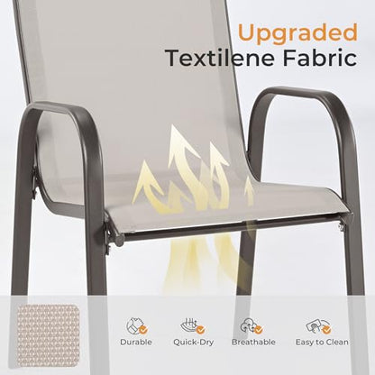 HAPPATIO Outdoor Patio Dining Set, 6 Quick Dry Textilene Dining Chairs and Dining Table with Umbrella Hole, Stackable Textilene Chairs for Garden, Patio and Poolside Backyard, Grey