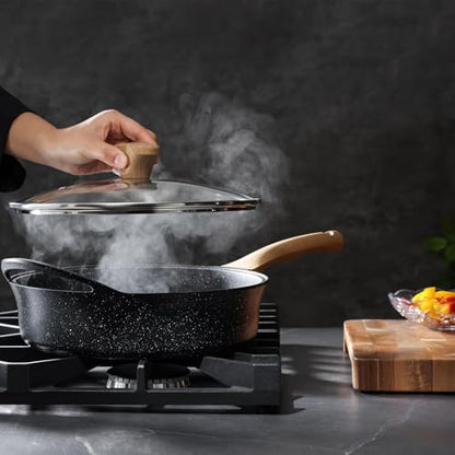 AnimoZest Nonstick Deep Frying Pan with Lid, 5.3 QT Swiss Granite Coating Sauté Pan, 13 Inch Healthy Non Stick Skillet Cooking Pan and Helper Handle with Silicone Cover, PFOA Free, Induction Ready.