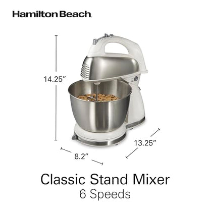 Hamilton Beach Classic Stand and Hand Mixer, 4 Quarts, 6 Speeds with QuickBurst, Bowl Rest, 290 Watts Peak Power, White (64655)