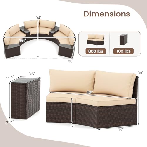 Tangkula 7 Pieces Patio Furniture Set, Rattan Half-Moon Curved Sectional Cushioned Sofas with Tempered Glass Top Side Tables, Outdoor Conversation Set for Porch, Backyard & Poolside