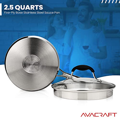 AVACRAFT Stainless Steel Saucepan with Glass Strainer Lid, Two Side Spouts for Easy Pour with Ergonomic Handle, Multipurpose Sauce Pot (5-Ply Capsule Bottom, 2.5 Quart)