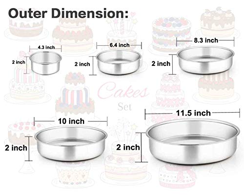 TeamFar Cake Pan, 4’’ - 6’’ - 8’’ - 9½’’ - 11’’, Stainless Steel Round Baking Tier Smash Cake Pans Set, Healthy & Heavy Duty, Mirror Finish & Dishwasher Safe - Set of 5