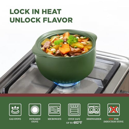 MINH LONG 1-Qt Porcelain Dutch Oven with Lid – Lead & Cadmium Free, Oven Safe to 482°F, Heat Retention, Clay Pot for Cooking on Gas & Infrared Cooktop, Use to Marinate, Cook, Bake, Refrigerate & Serve