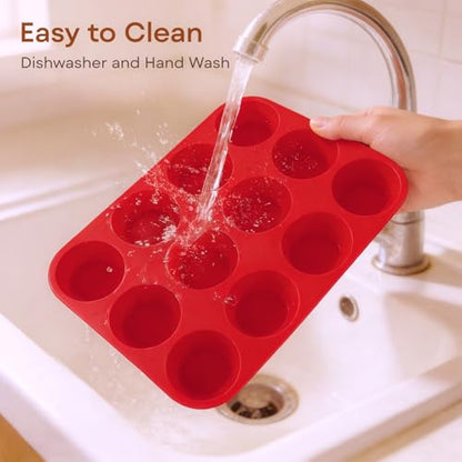 Ruinovate Silicone Muffin Pans for Baking Nonstick 2 Pcs, 12 Cup Regular Cupcake Pan, Food-Grade Silicone Baking Molds for Cupcakes, Egg Bites, Freezer, Red