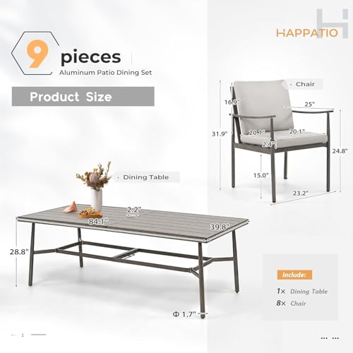 HAPPATIO 9-Piece Patio Table and Chairs Set for 8, Aluminum Outdoor Dining Set with Cushions, 8 Dining Chairs, 1 Large Rectangular Table with Umbrella Hole for Lawn, Porch, Backyard, Grey