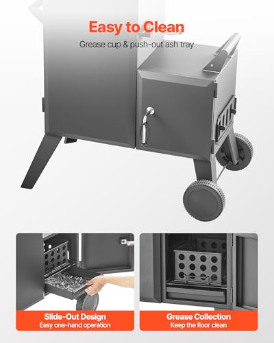 VEVOR Charcoal Offset Smoker, Heavy-Duty Steel BBQ Offset Smoker with Side Firebox, Movable Outdoor Barbecue Smokers with 6 Adjustable Grates, Thermometer & Air Vents for Backyard Patio Party Cooking