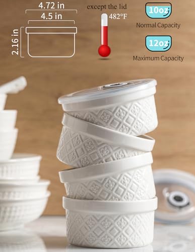 MISSYSSIM 12 oz Ramekins Oven Safe, 4.5 Inch Creme Brulee Ramekins with Lids, Small White Ceramic Souffle Dishes, Mini Baking Bowls with Cover Set of 4, Ramekin Microwave & Dishwasher Safe