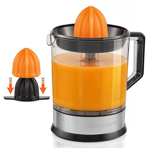 Elite Gourmet ETS047 BPA-Free 40-Watt Electric Citrus Juicer with 2 Cones, Compact, Large Volume, Pulp Control, Oranges, Lemons, Limes, Grapefruits with Easy Pour Spout, 1.2L, Black/Stainless Steel