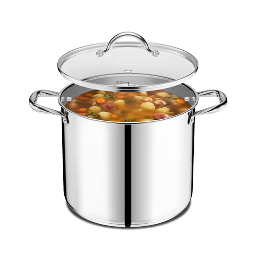 Stainless Steel Stockpot with Tempered Glass Lid 5 Quart, Durable 18/0 Stainless Steel, Impact-Bonded Base for Even Heating, Riveted Handles, Oven & All Stove Compatible, Safe Up To 500°F (260°C)