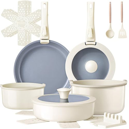 Ammeloo 18-Piece Ceramic Pots and Pans Set Non Stick, Non Toxic Cookware Set with Removable Handles, Pot Sets for Cooking, Induction Ready, Dishwasher & Oven Safe, PFAS PFOA & PTFE Free (Cream White)