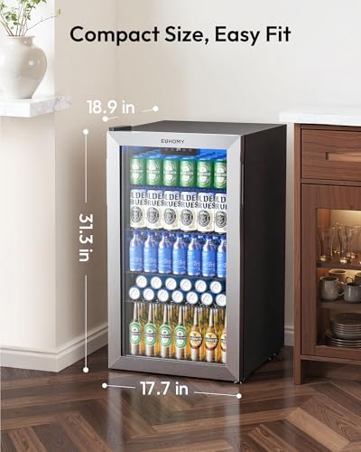 EUHOMY Mini Fridge 130 Can Beverage Refrigerator Cooler Glass Door for Soda Wine Beer, Beverage Cooler for Home, Bar, Office with Digital Temperature Control Adjustable Shelves, 3.2 Cu.Ft, Silver