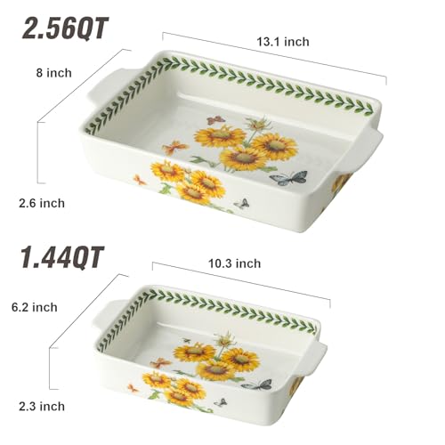 Howise Ceramic Sunflower Baking Casserole Dish with Handles,Large 2 pieces 8x13 inch & 6x10 inch Lasagna Baking Dish and Middle Flower Andplant Baking Pan,Porcelain Serving Bakeware Set