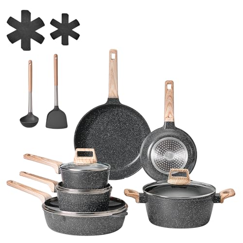VEVOR 17 Piece Pots and Pans Set Nonstick, Granite Cookware Set, Induction Cookwares, Kitchen RV Cooking Sets with Frying, Sauce, Saute, Tempered Glass Lids, and Pan Protectors, Black