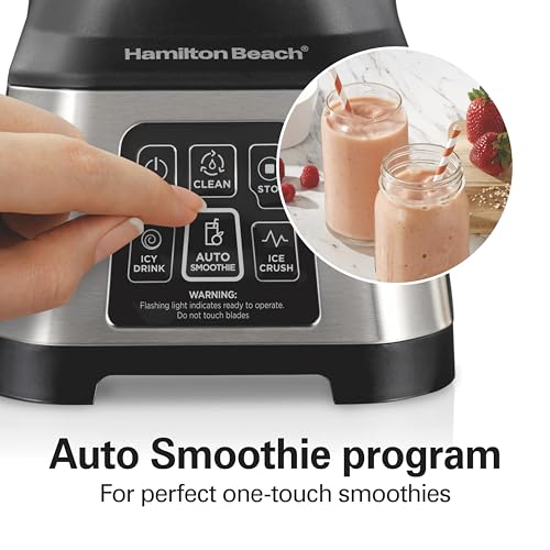 Hamilton Beach Blender for Smoothies with 5 Functions Including Auto Smoothie Cycle, Wave Action System for Ultra Smooth Results, 850 Watts, 40oz BPA Free Glass Jar, Stainless Steel (56208)