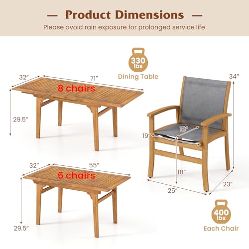 Tangkula 9 Pieces Acacia Wood Patio Dining Set for 6-8, Outdoor Expandable Table and Chairs Set with 1.97" Umbrella Hole and Breathable Fabric for Garden, Lawn, Yard and Poolside
