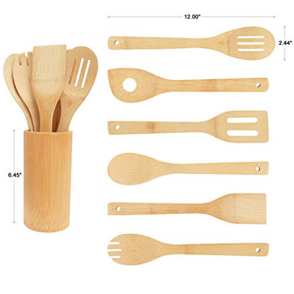 Bamboo Wooden Spoons & Spatulas Set - 6 Pieces Kitchen Cooking Utensils and 1 Holder, Heat Resistant for Non Stick Cookware