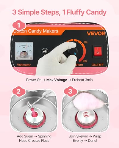 VEVOR Cotton Candy Machine Commercial, 1000W Electric Candy Floss Maker, Easy Use with 15 inch Stainless Steel Bowl and Sugar Scoop, Makes Hard Candy for Home Kids Birthday, Family Party, Pink