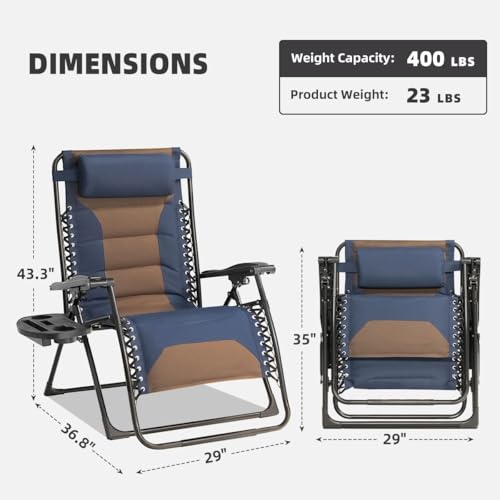 Foristrail Zero Gravity Chair Oversized Padded Recliner with Adjustable Headrest & Cup Holder - 600D Oxford Folding Lounge Chair for Outdoor Camping, Patio, Poolside (Brown & Blue)